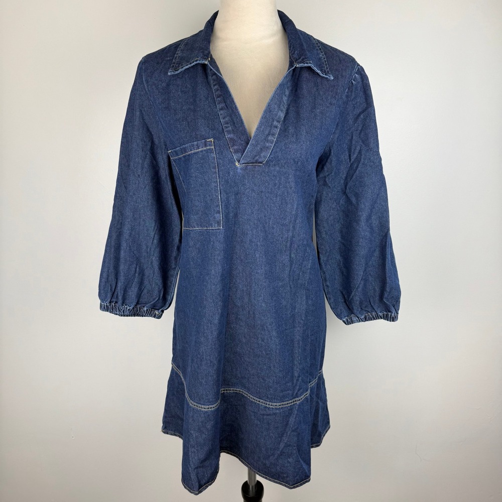 NWT Dokotoo Women's Blue Denim V-Neck Puff Sleeve Babydoll Dress Size Med
